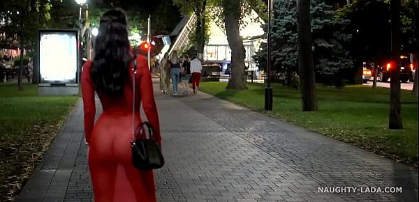  Red transparent dress in public